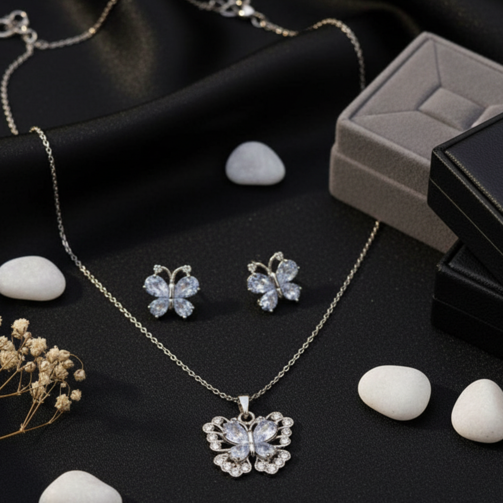 Butterfly Jewelry Set crystal jewelry, silver butterfly set