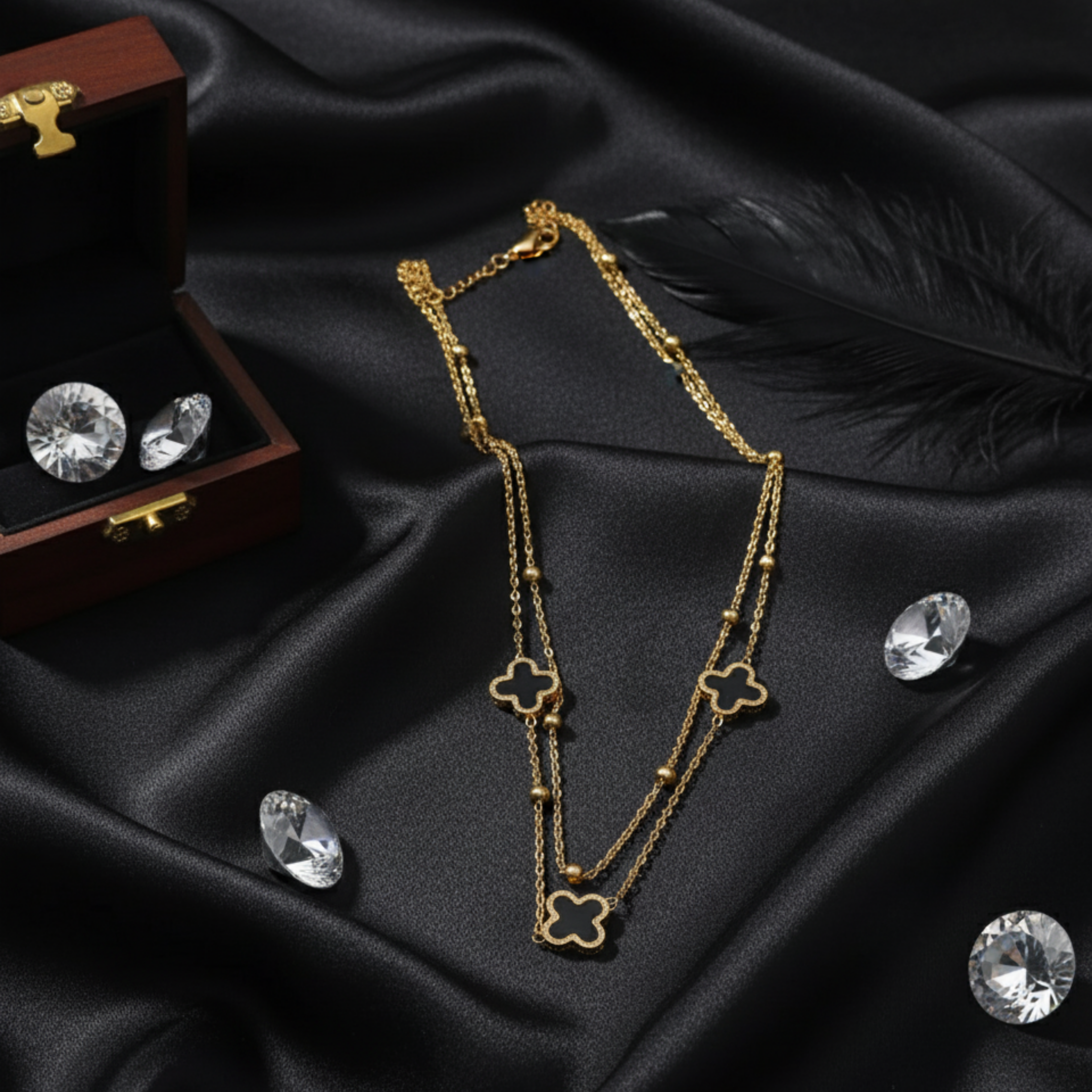 gold necklace, layered chain, clover pendant