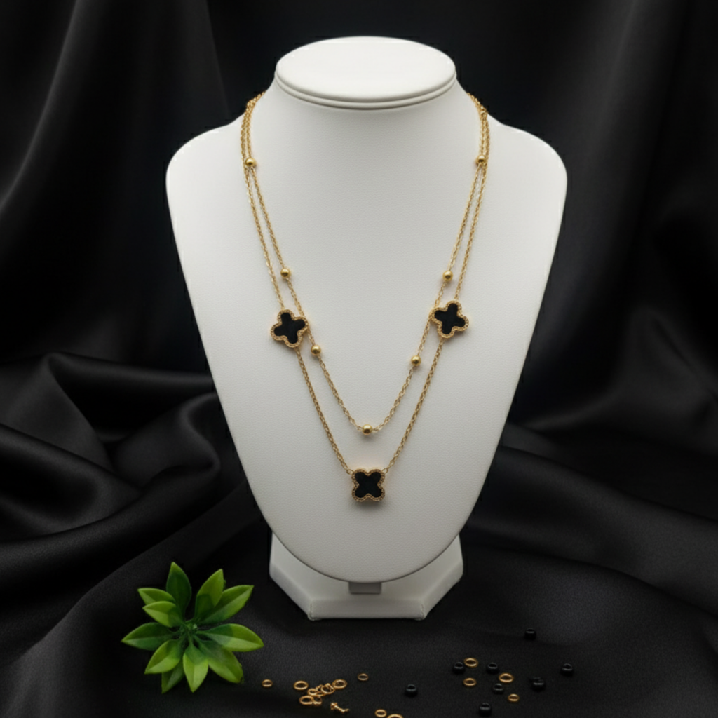 gold necklace, layered chain, clover pendant